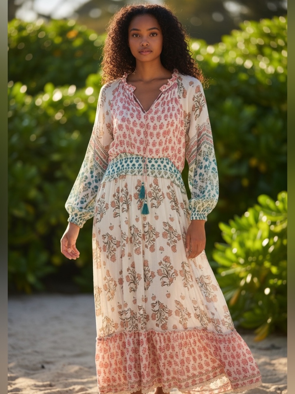 Dex Cream Maxi Dress with Pink and Teal Accents